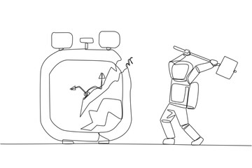 Poster - Single continuous line drawing young astronaut preparing to hit the big alarm clock. Can't manage time well. Many business opportunities disappear. Angry cosmonaut. One line design vector illustration