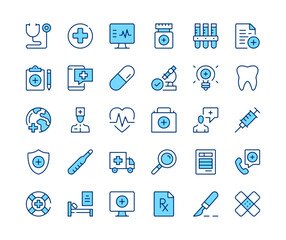 Wall Mural - Healthcare icons set. Vector line icons. Blue color outline stroke symbols. Modern concepts