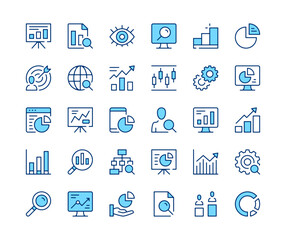 Fototapete - Data analysis icons set. Vector line icons. Blue color outline stroke symbols. Modern concepts