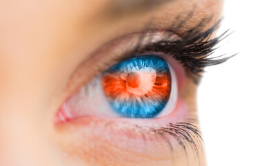 Sticker - Digital png photo of caucasian woman with red and blue eye on transparent background