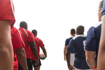 Canvas Print - Digital png photo of two diverse football teams with copy space on transparent background