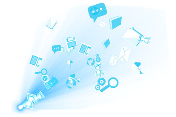 Poster - digital png illustration of white and blue technology icons on transparent background