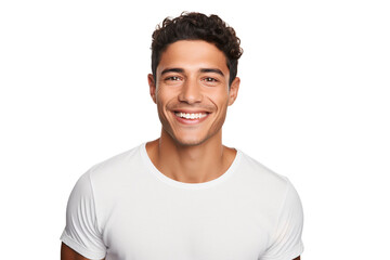 Wall Mural - Close-up portrait of a handsome man with happy smile on his face, model posing in studio isolated on white background