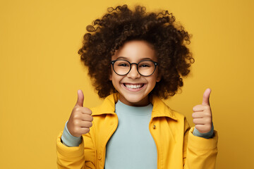 Joyful afro american girl with glasses expresses approval by giving thumbs up, portrait on yellow background