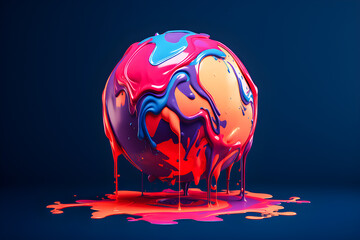 Poster - 3d illustration of a bright sphere in paint with multi-colored drops flowing down ,generative ai