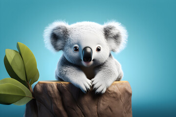 Wall Mural - Cartoon character  koala, funny animal  on blue background, 3d illustration , generated ai