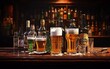 various types of alcoholic drinks and beer on the bar in a tavern. generative ai