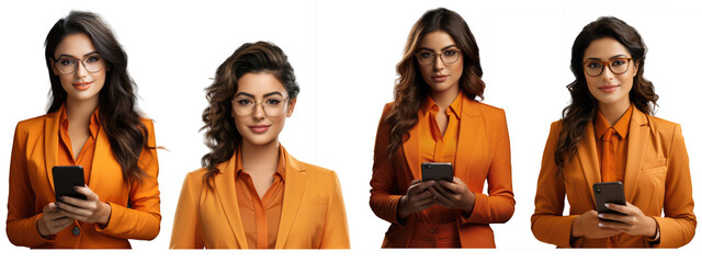 Wall Mural - Young fun employee business woman corporate lawyer wear classic formal orange suit glasses work 