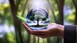 a hand lding a crystal ball with a tree inside, a digital rendering, ecological art, lding a crystal ball, gently caressing earth, crystal ball. Generative Ai