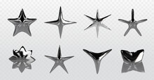 Chrome Y2k Stars Of Various Shapes - 3d Realistic Vector Illustration Set Of Silver Inflatable Liquid Metal Abstract Forms. Graphic Design Elements Made Of Glossy Steel Or Mercury With Reflections.