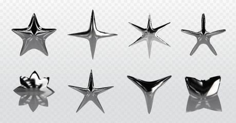 Poster - chrome y2k stars of various shapes - 3d realistic vector illustration set of silver inflatable liqui