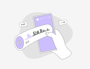 Poster - Voice Messaging Concept. Voice chat messaging, receive event notifications. Hand holding mobile phone with social network and sound wave voice message. Vector illustration isolated on white background