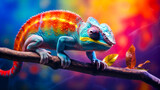 Close-up of a colorful chameleon on the branch with a bokeh background.