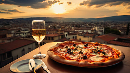 Canvas Print - pizza with wine on city background at sunset