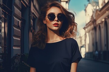 Street style icon: A chic woman in sunglasses exudes urban sophistication against a vibrant cityscape.