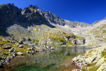 Poster - Mountain lake Velke Spisske pleso with mount Ladovy stit in Mala Studena Dolina, Vysoke Tatry (Tatra Mountains), Slovakia.