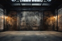 Empty, Loft Industrial Interior. Black Colored Walls And Big Windows. Interior Warehouse Concept Background.