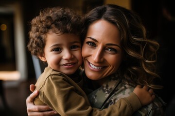 Wall Mural - Excited military mom reuniting with her son at home