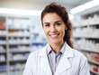 © Restyler - A woman pharmacy worker smiles welcomingly against the background of shelves with medicines. Sale of medicines.