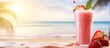 Fresh summer drink of strawberry juice on tropical beach background