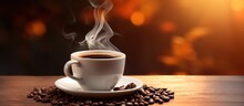Cup Of Hot Coffee And Beans On Wooden Table Blurred Background. AI Generated