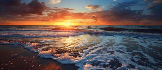 Wall Mural - Beautiful sunrise or sunset over the tropical beach landscape. AI generated image