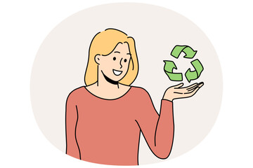 Wall Mural - Smiling young woman holding recycle sign in hands care about planet conservation and protection. Happy female activist or volunteer with recycling symbol. Vector illustration.