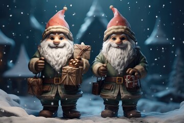 Concept of New Year, Two elves carrying gifts on Christmas night, Helpers of Santa Claus in winter.