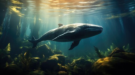 Wall Mural - A whale in the forest, Underwater.