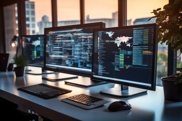 Poster - Multiple screens showing web development interfaces in modern and minimalist office setting, An air of innovation and efficiency.