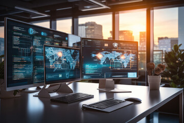 Poster - Multiple screens showing web development interfaces in modern and minimalist office setting, An air of innovation and efficiency.