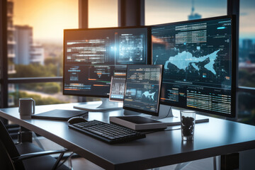 Poster - Multiple screens showing web development interfaces in modern and minimalist office setting, An air of innovation and efficiency.