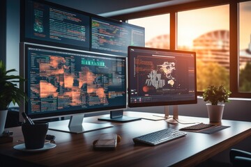Poster - Multiple screens showing web development interfaces in modern and minimalist office setting, An air of innovation and efficiency.