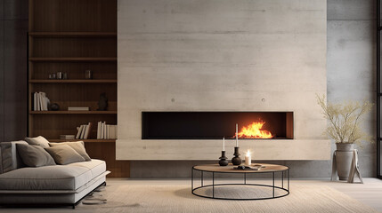 Wall Mural - minimalist style interior design of modern living room with fireplace