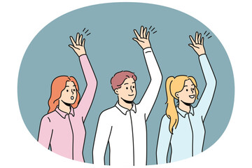 Wall Mural - Happy businesspeople raise hands vote at workplace. Smiling employees engaged in teambuilding activity. Teamwork concept. Vector illustration.