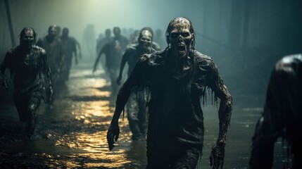 Fototapeta zombies walking down a deserted street in city during apocalypse, halloween theme.