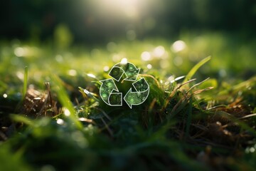 Green recycling symbol in the grass.