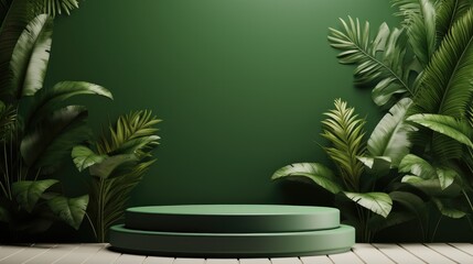 Poster - Green podium in modern tropical background for product placement, 3d render.
