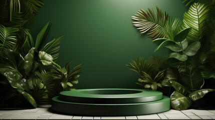 Poster - Green podium in modern tropical background for product placement, 3d render.