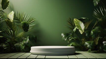 Poster - Green podium in modern tropical background for product placement, 3d render.