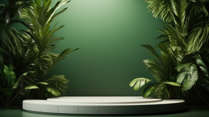 Poster - Green podium in modern tropical background for product placement, 3d render.