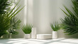 three glossy white round cylinder podium in corrugated side green tropical bamboo palm