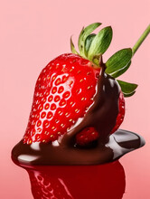 Fresh Strawberries Coated With Chocolate Glaze On Light Red Background With Reflection. Created With Generative AI Technology