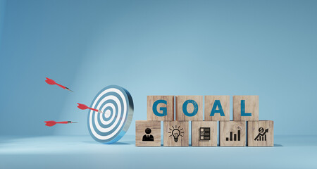 Wall Mural - woods block step on table with icon action plan, goal and target, success and business target concep
