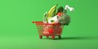 canvas print picture - Basket with foods on green background. Supermarket shopping concept. 3d rendering, Generative AI