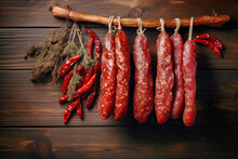 Various Types Of Sausages Hung For Storage. Dried Sausage Of Various Varieties. Wide Range Of Meat Products. Homemade Production.