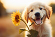 closeup of funny puppy and sunflower outdoors with sunshine
