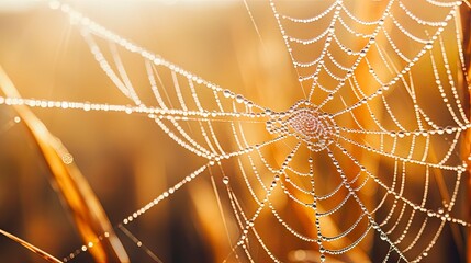 Dew drops on a spider web in the morning light .