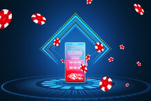 Sleek Online Casino Interface On Mobile Device With Floating Chips, Blue Neon Aesthetic. Gaming And Technology Concept. 3D Rendering