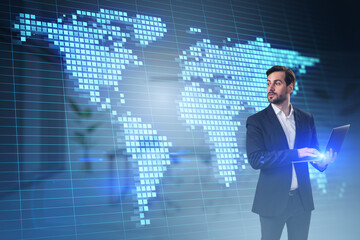 Poster - Attractive young european businessman using notebook with glowing digital pixel squares map of the world with spotlights on blurry office background. Global business concept. Double exposure.